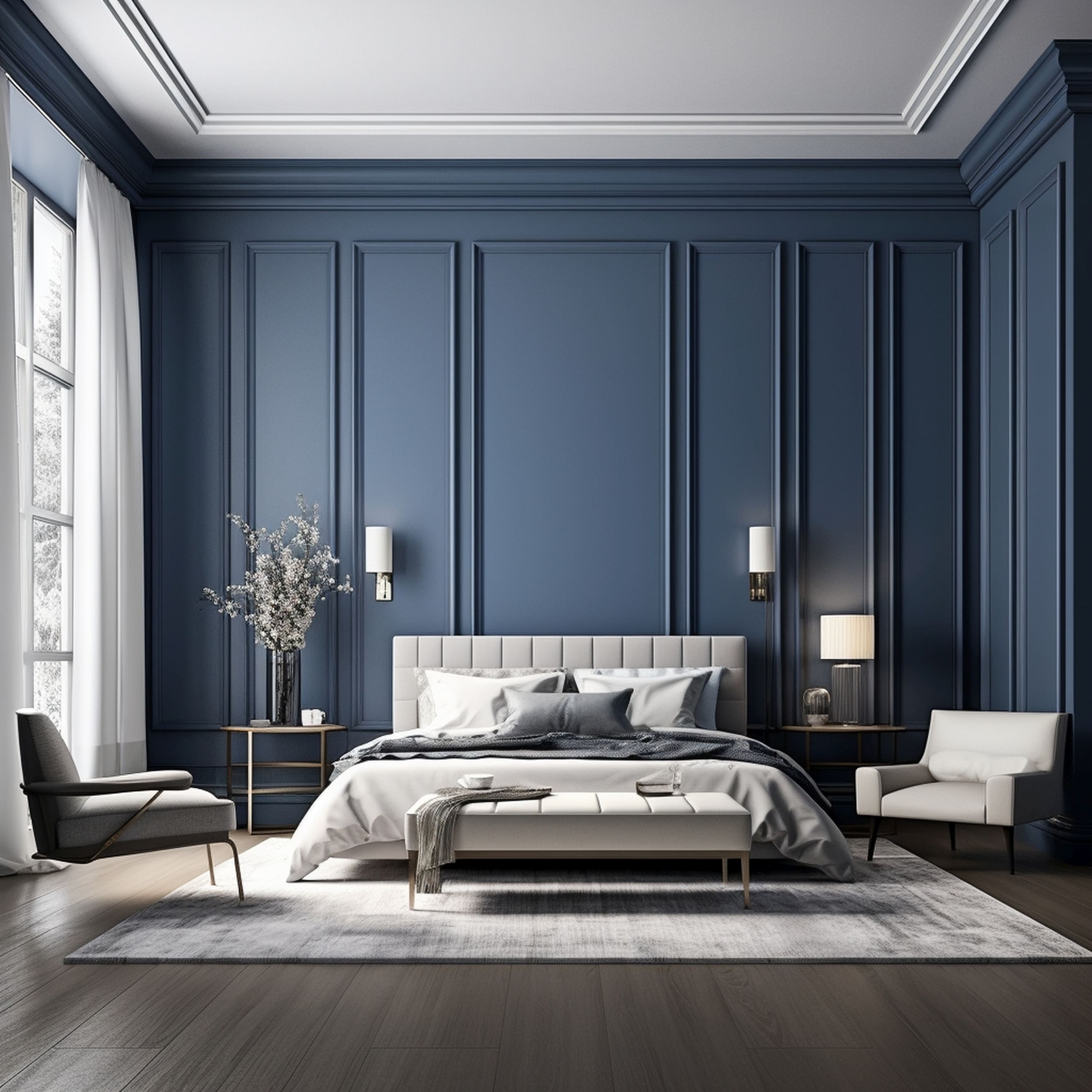 A Masculine Bedroom with Large Blue Paneling