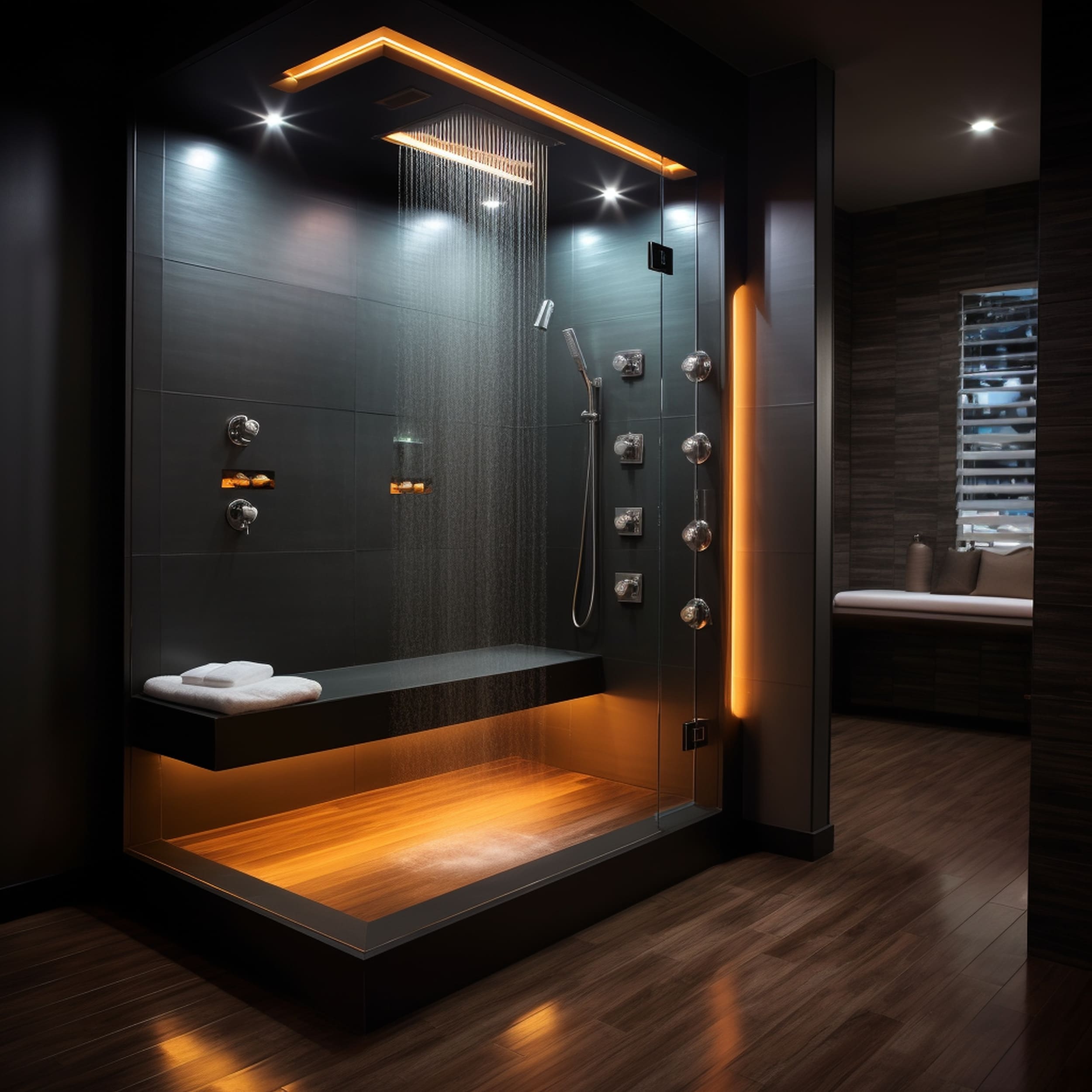 A Modern Shower With a Floating Bench and Multiple Incorporated Lights