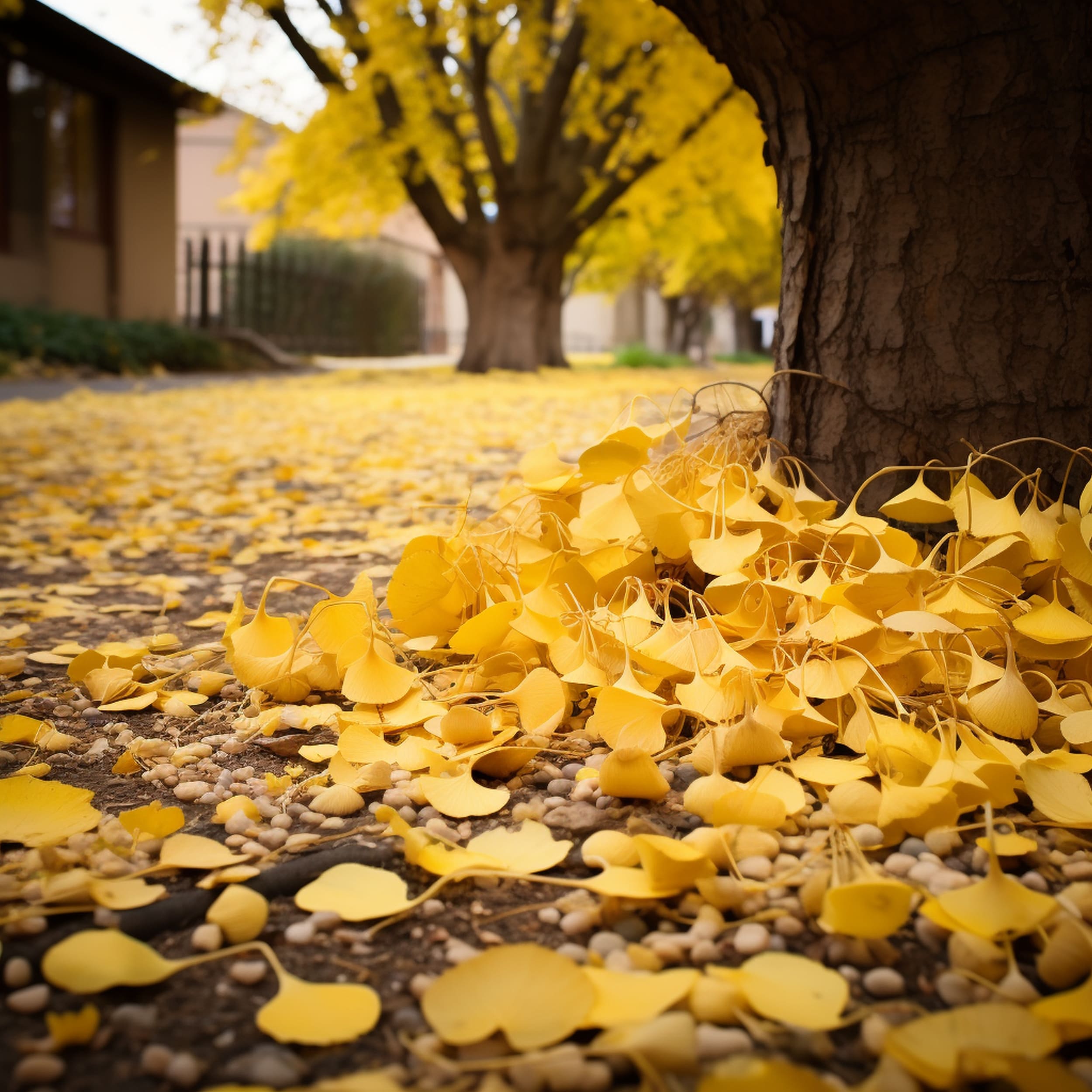 Ginkgo Tree Fruits and Leaves Scattered Messily on the Ground