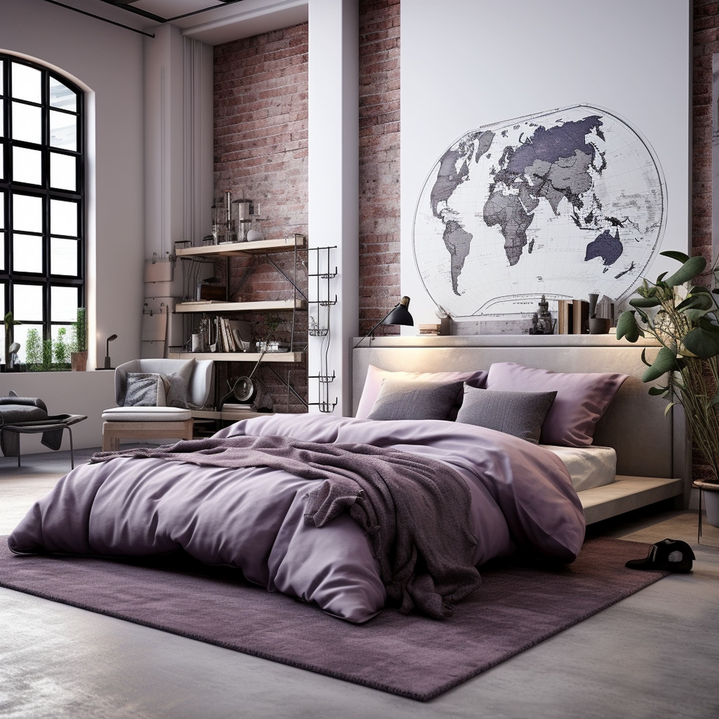 Industrial Bedroom With Distinctive Purple Bedding Accessories