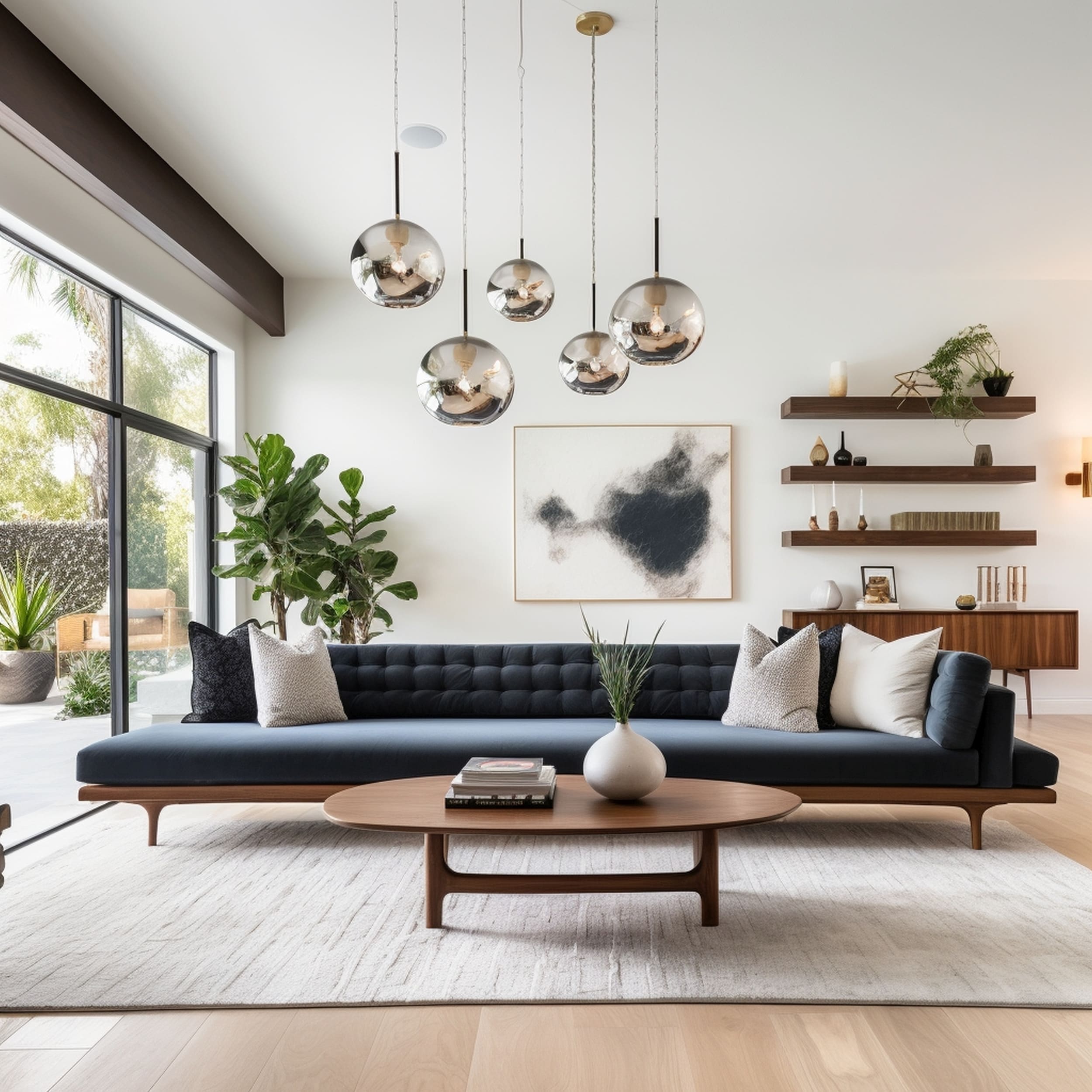 Mid Century Modern Living Room Featuring a Long Dark Gray Couch With Neutral White Throw Pillows