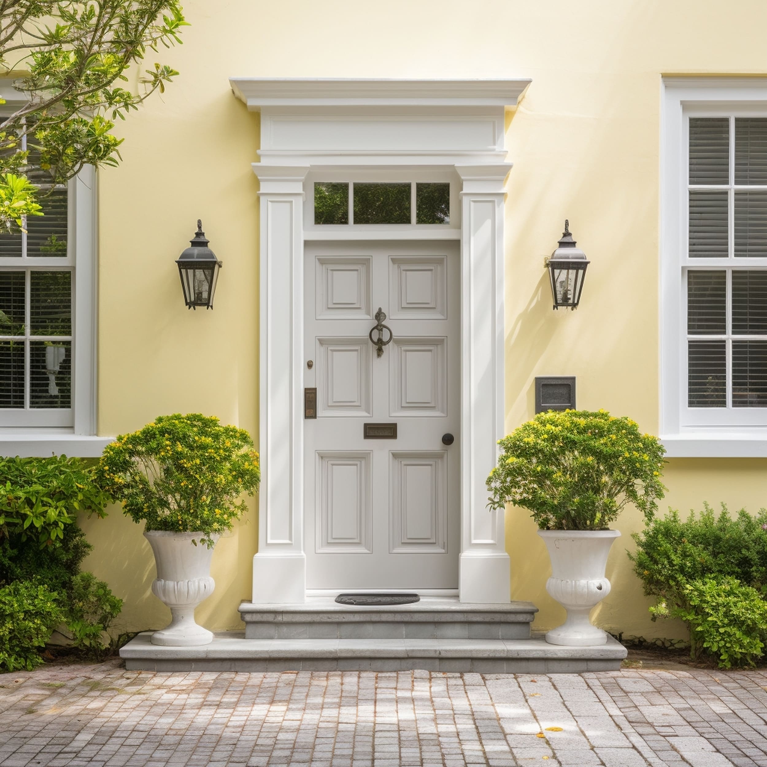 Modern House With a Pale Yellow Design And A Light Gray Front Door