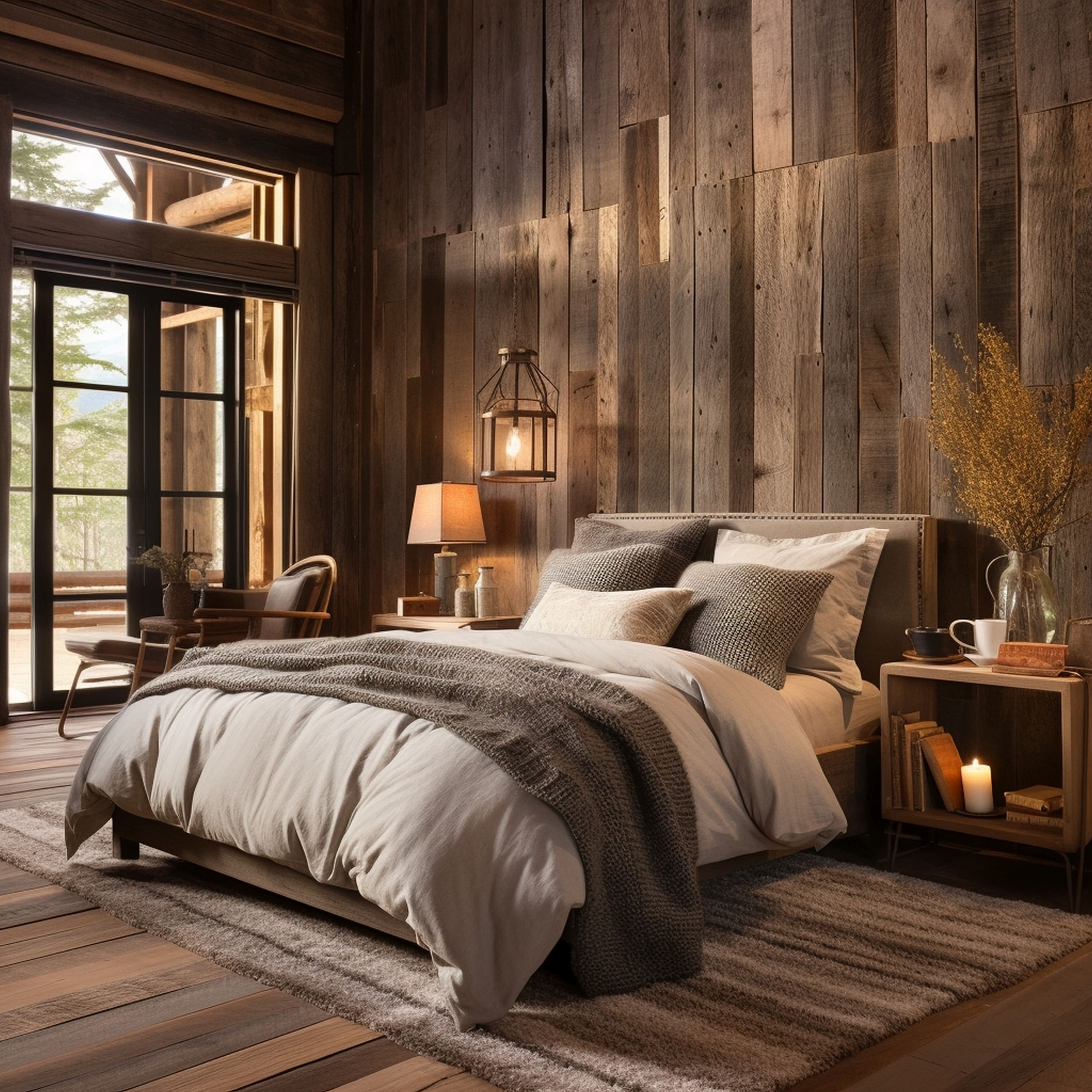 A Masculine Bedroom With Rustic Details Such as Raw Wood and Cozy Bedding Accessories