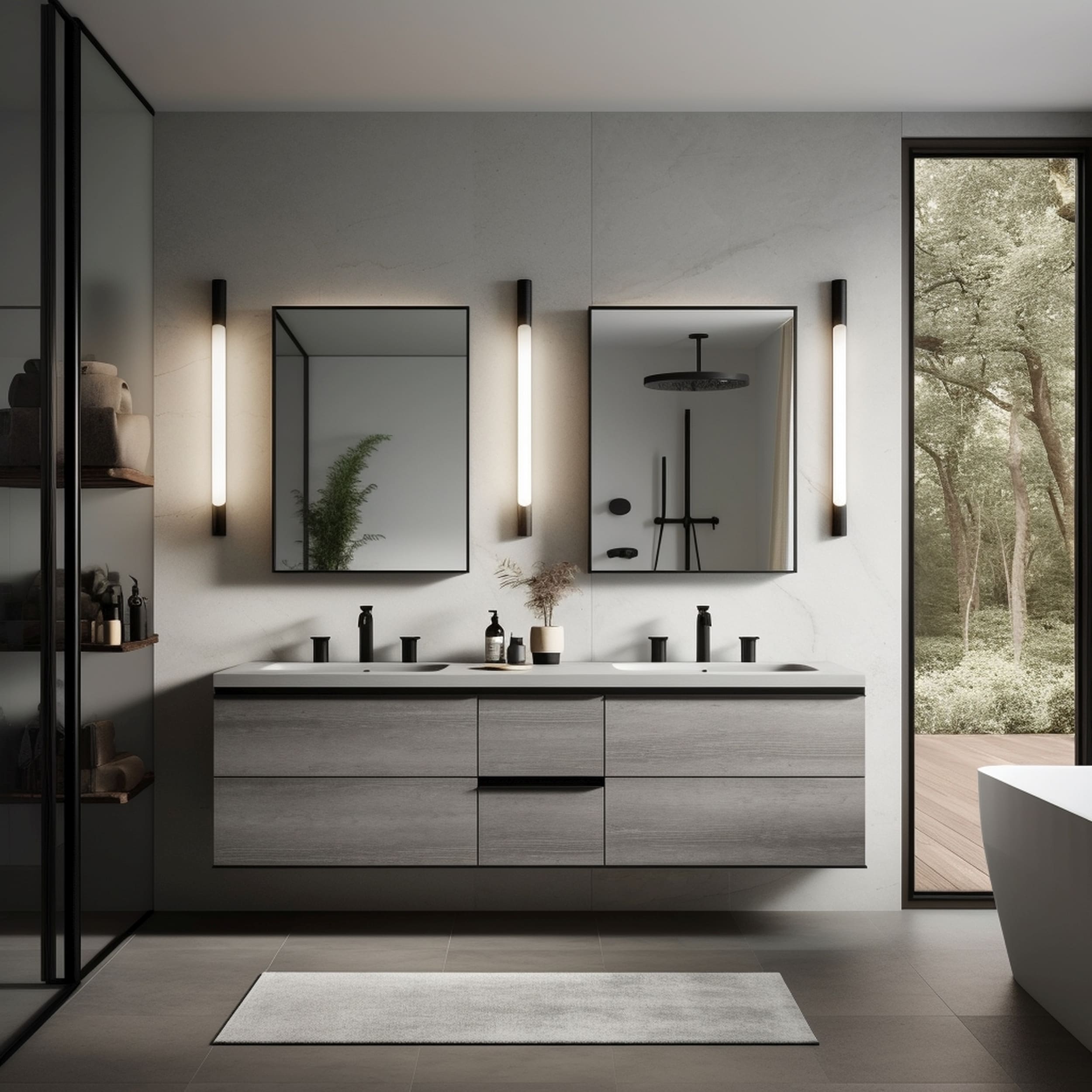 Modern Bathroom With Matte Black Fixtures and Double Sinks Arranged Symmetrically