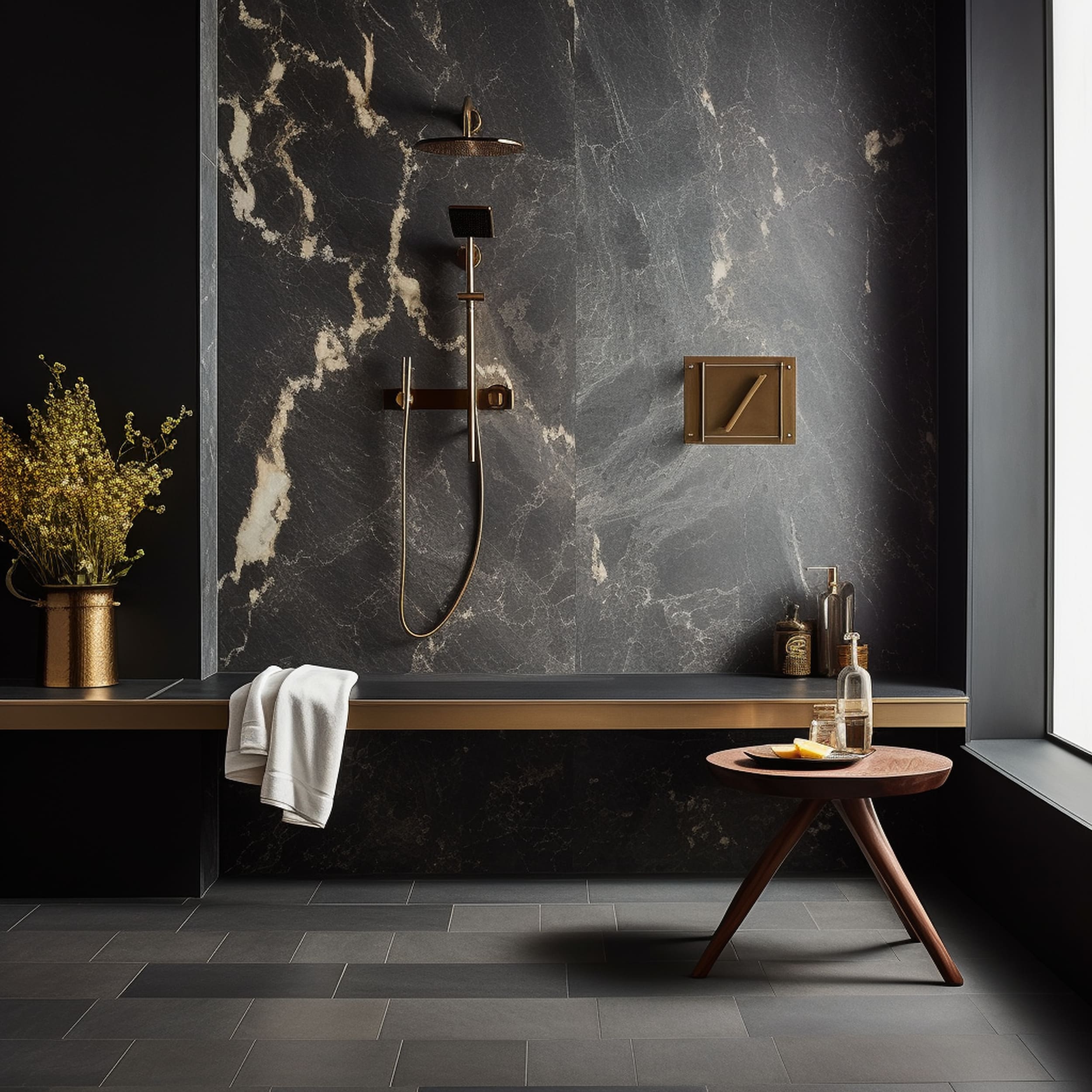 A Modern Shower With a Floating Bench and Dark Accent Wall
