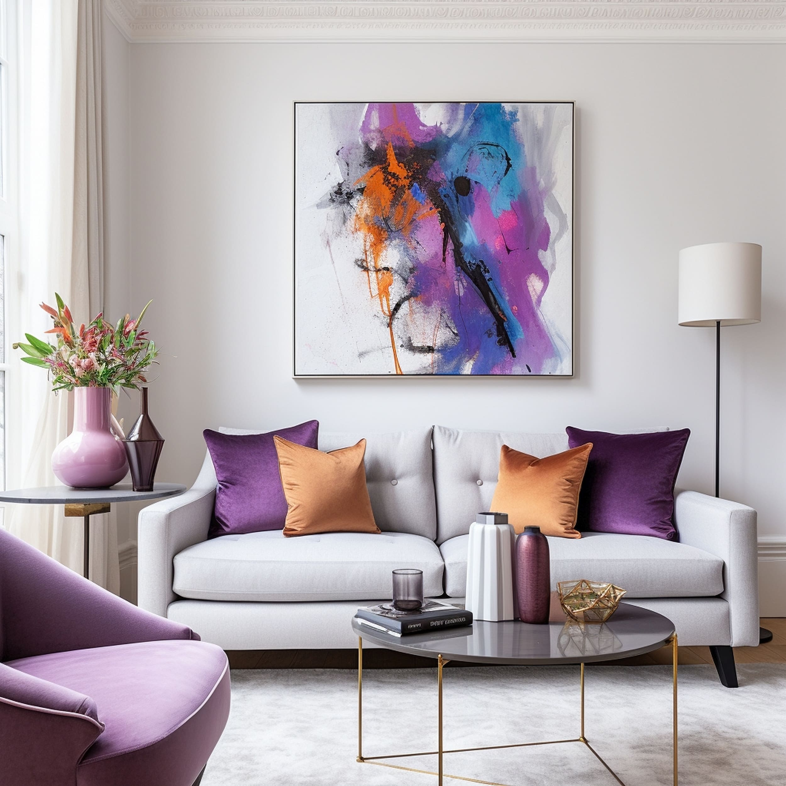 Neutral Living Room With a Purple Accent Chair