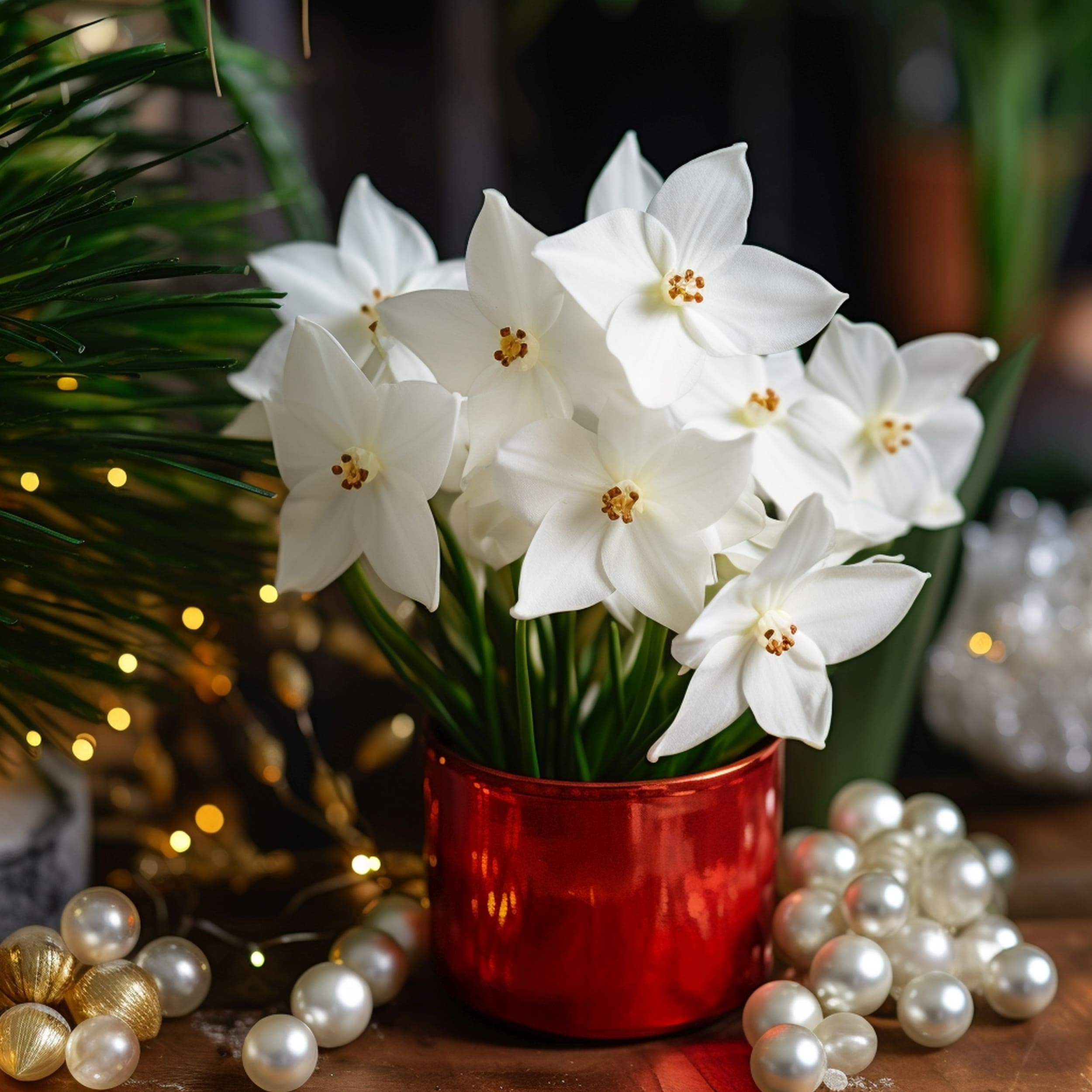 Paperwhite Plant in a Red Pot Surrounded by Christmas Decorations