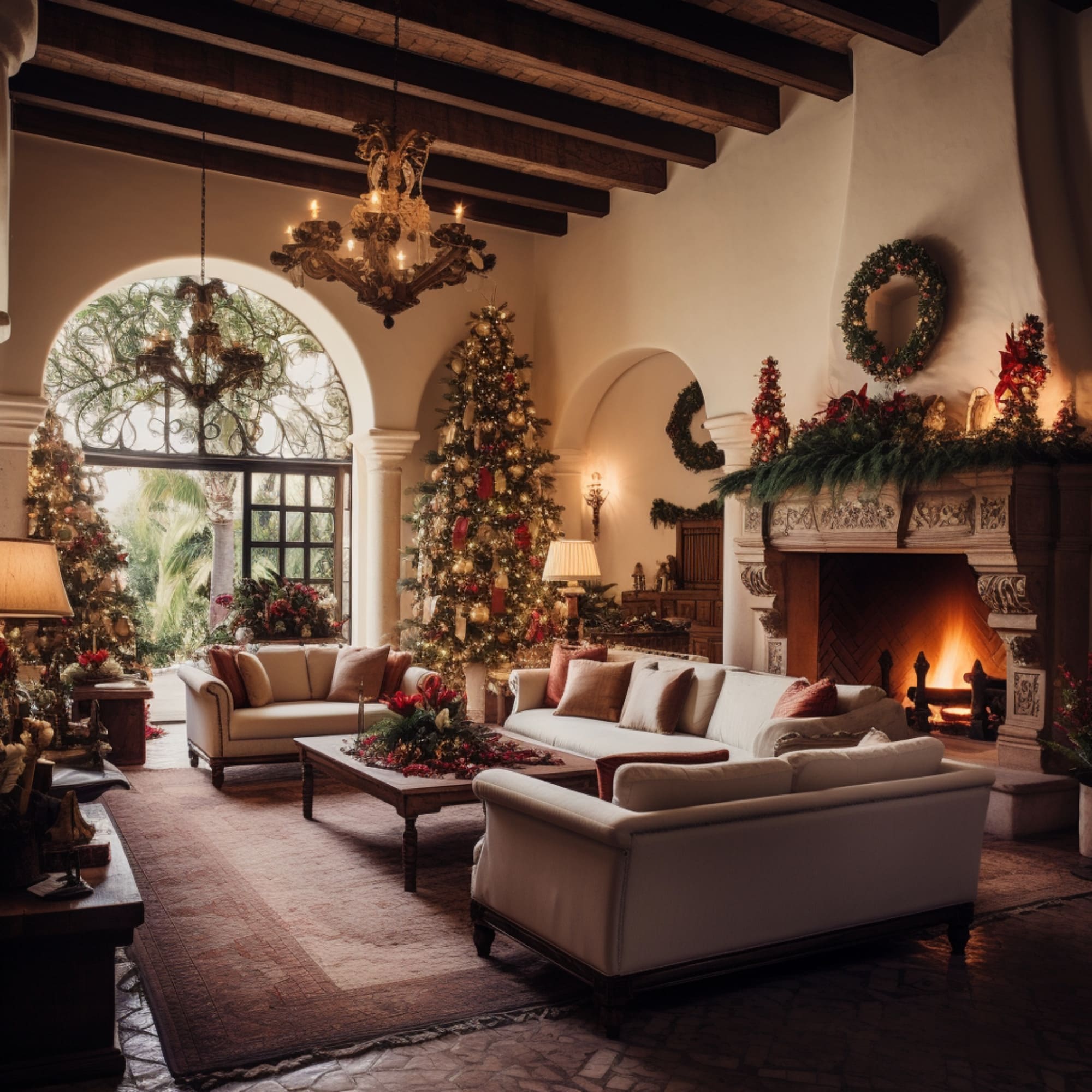Hacienda Living Room Decorated for Christmas