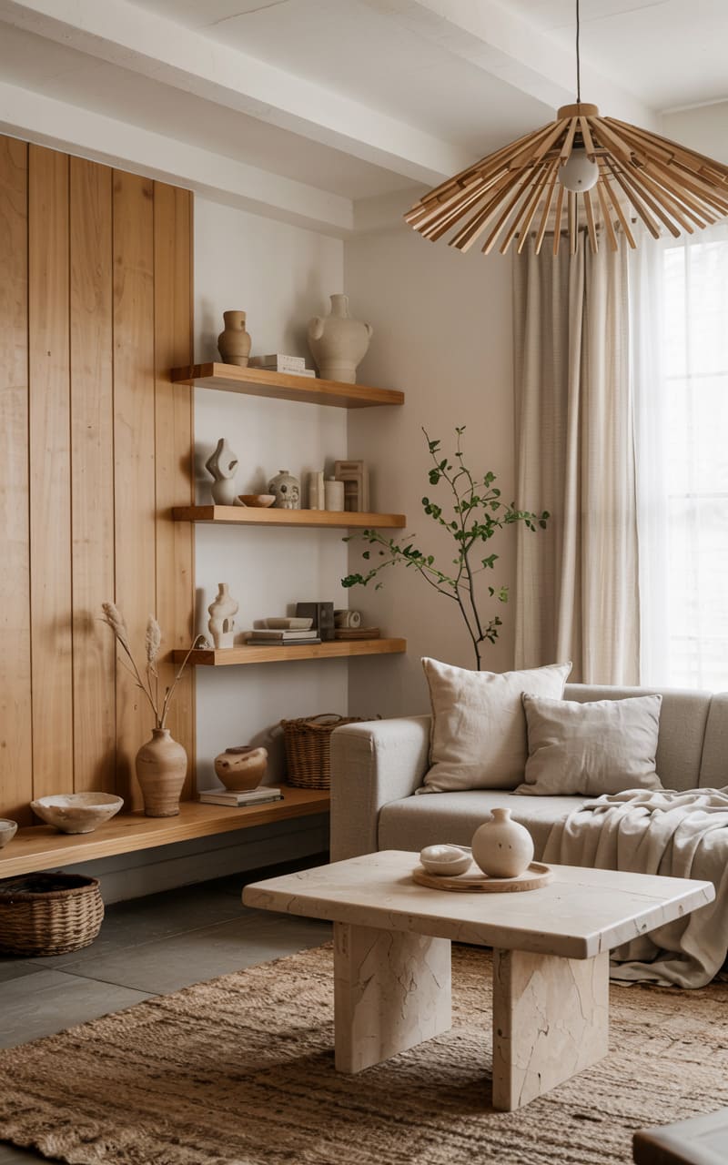 Scandinavian Living Room with Natural Wood and Stone Accents