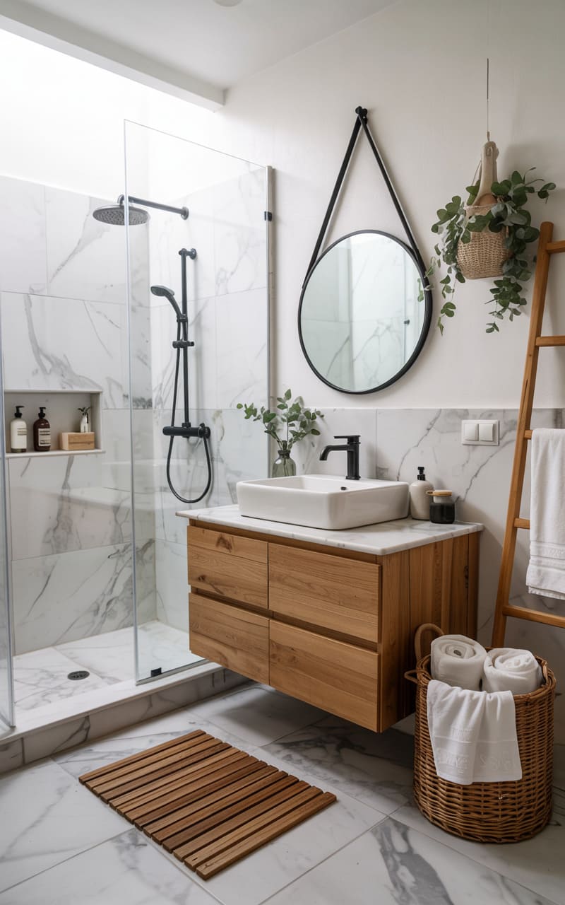 Serene Scandinavian Bathroom with Marble and Wood Details