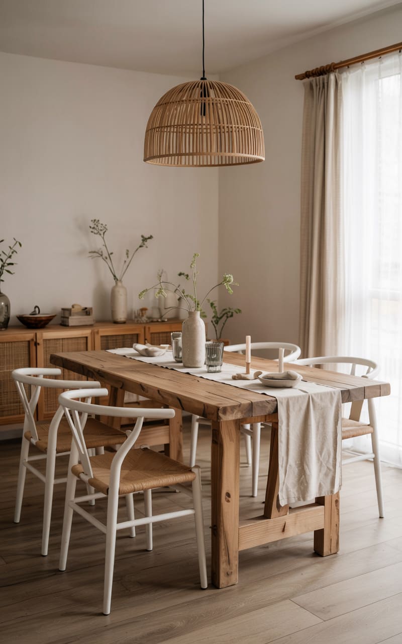 Scandinavian Dining Room with Reclaimed Wood and Linen Textiles