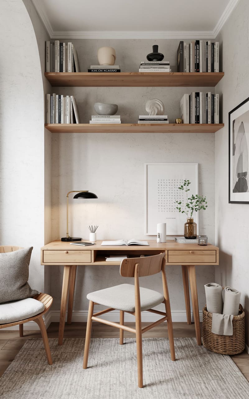 Scandinavian Home Office with Birchwood and Minimalist Decor