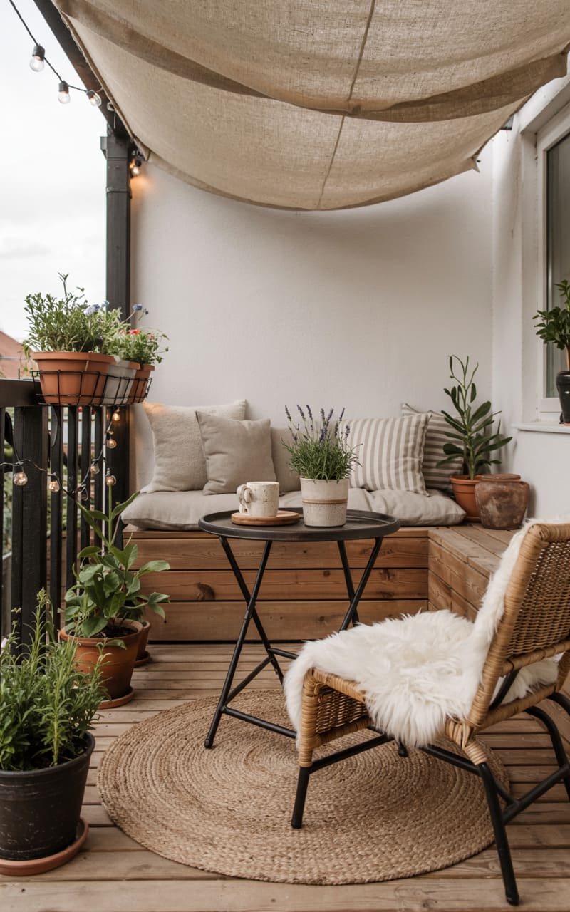 Scandinavian Balcony with Outdoor Wooden Deck and Woven Textures