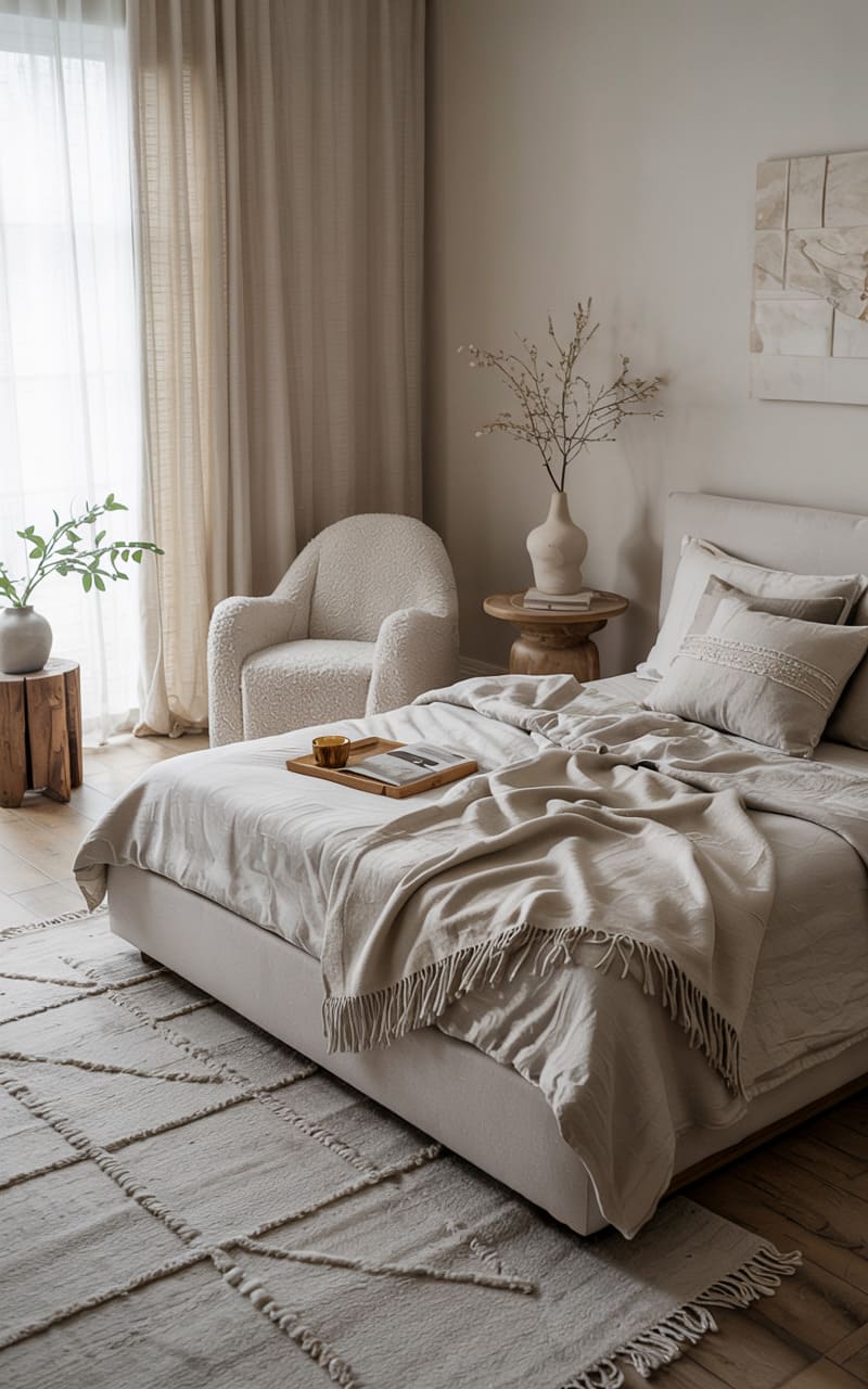 Serene Scandinavian Bedroom with Soft Linen Bedding and Bouclé Accents