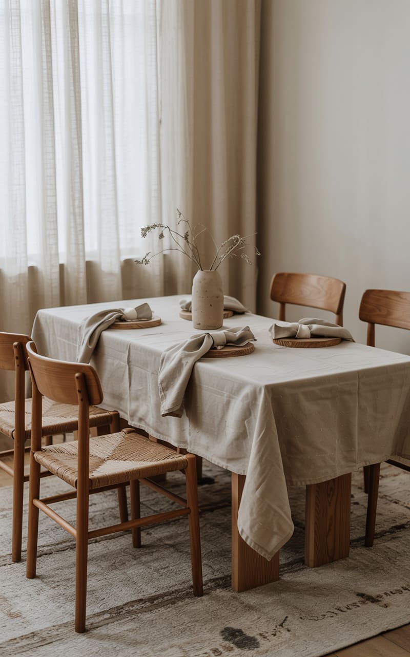 Scandinavian Dining Room with Woven Linen Table Textiles