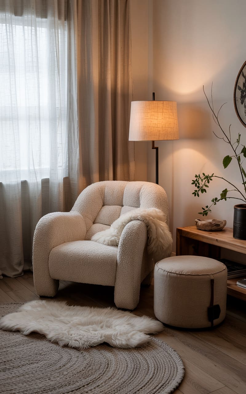 Scandinavian Lounge Space with Bouclé and Sheepskin Accents
