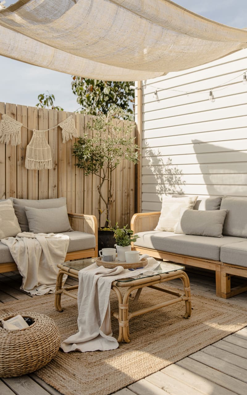 Scandinavian Outdoor Terrace with Weathered Linen and Canvas Elements