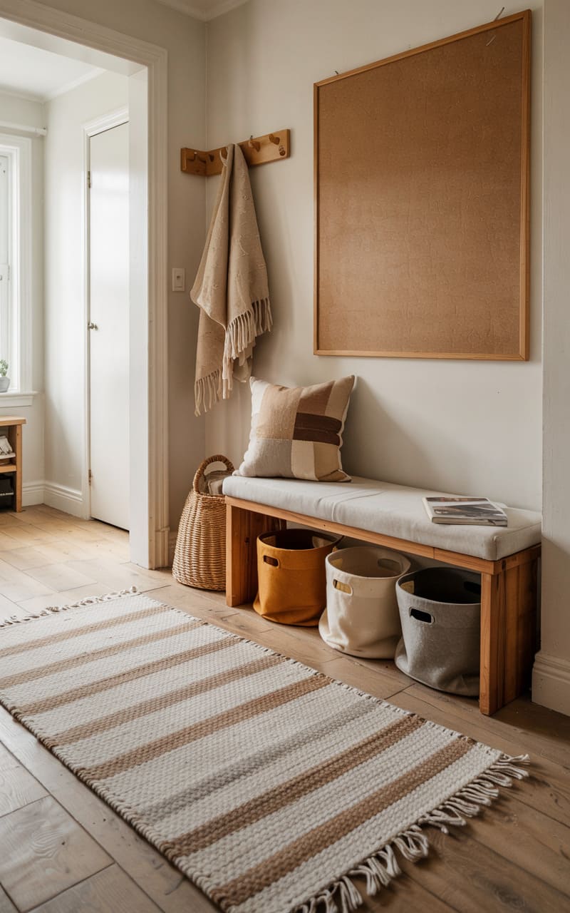 Scandinavian Hallway with Woven Wool Runners and Soft Felt Storage Bins