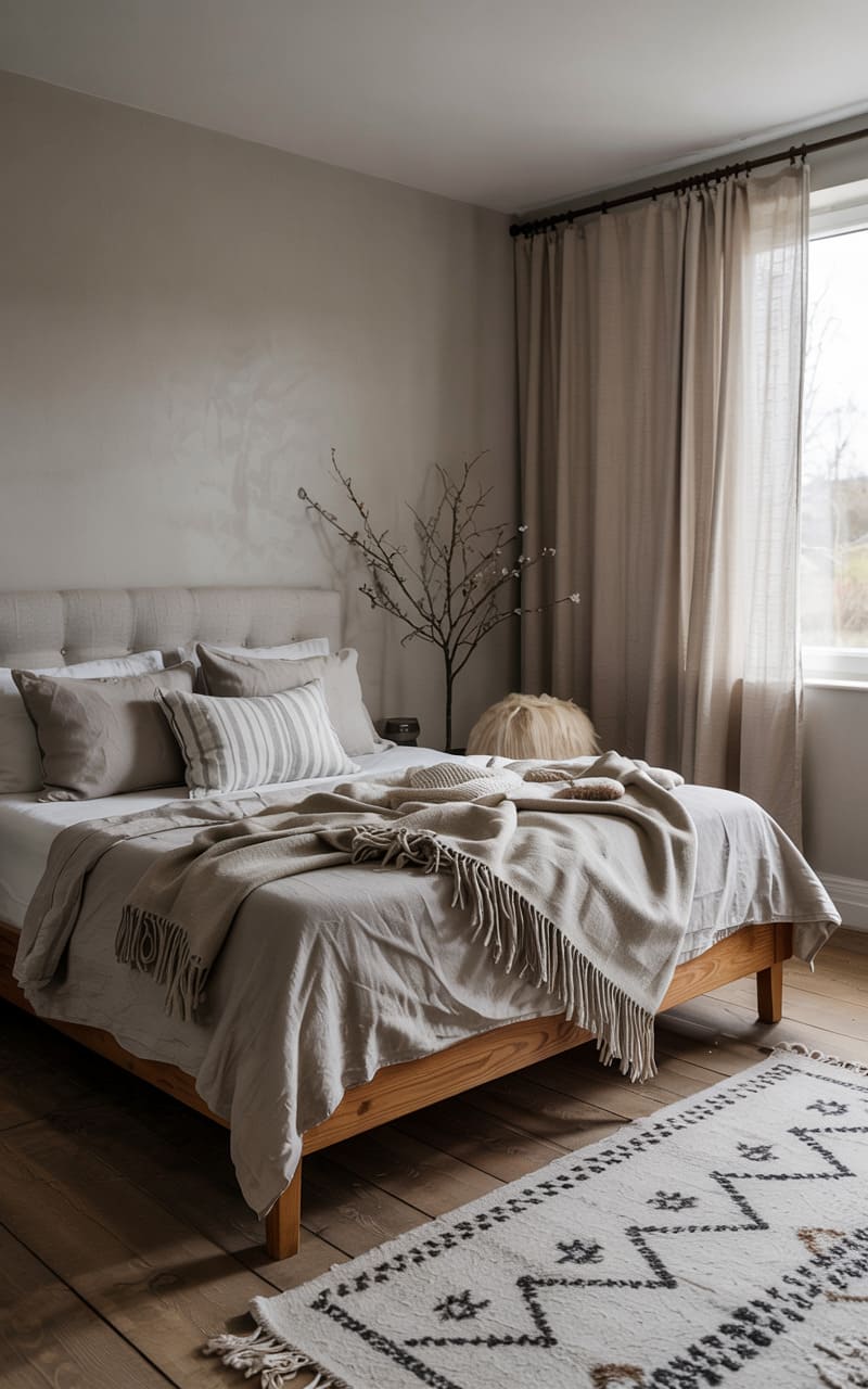 Scandinavian Bedroom with Layered Textures in Linen and Wool