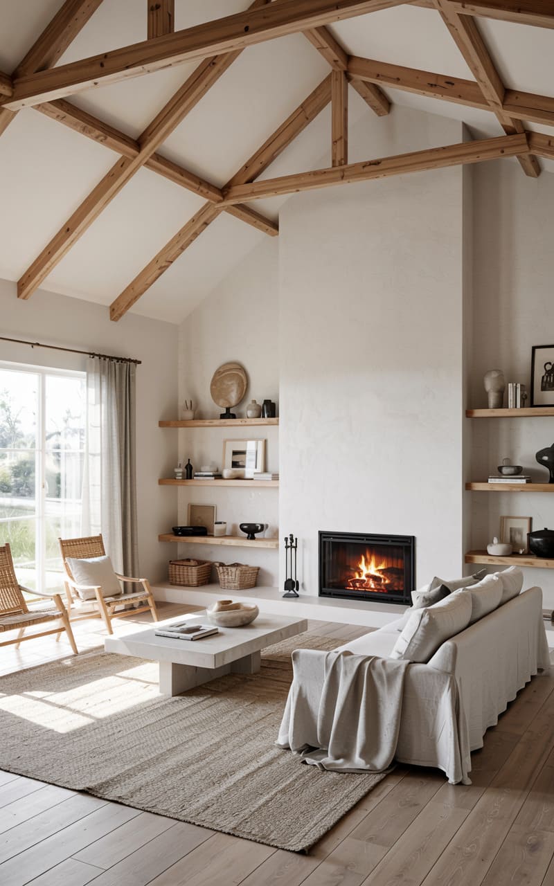 Scandinavian Living Room with Exposed Wooden Beams and Vaulted Ceilings