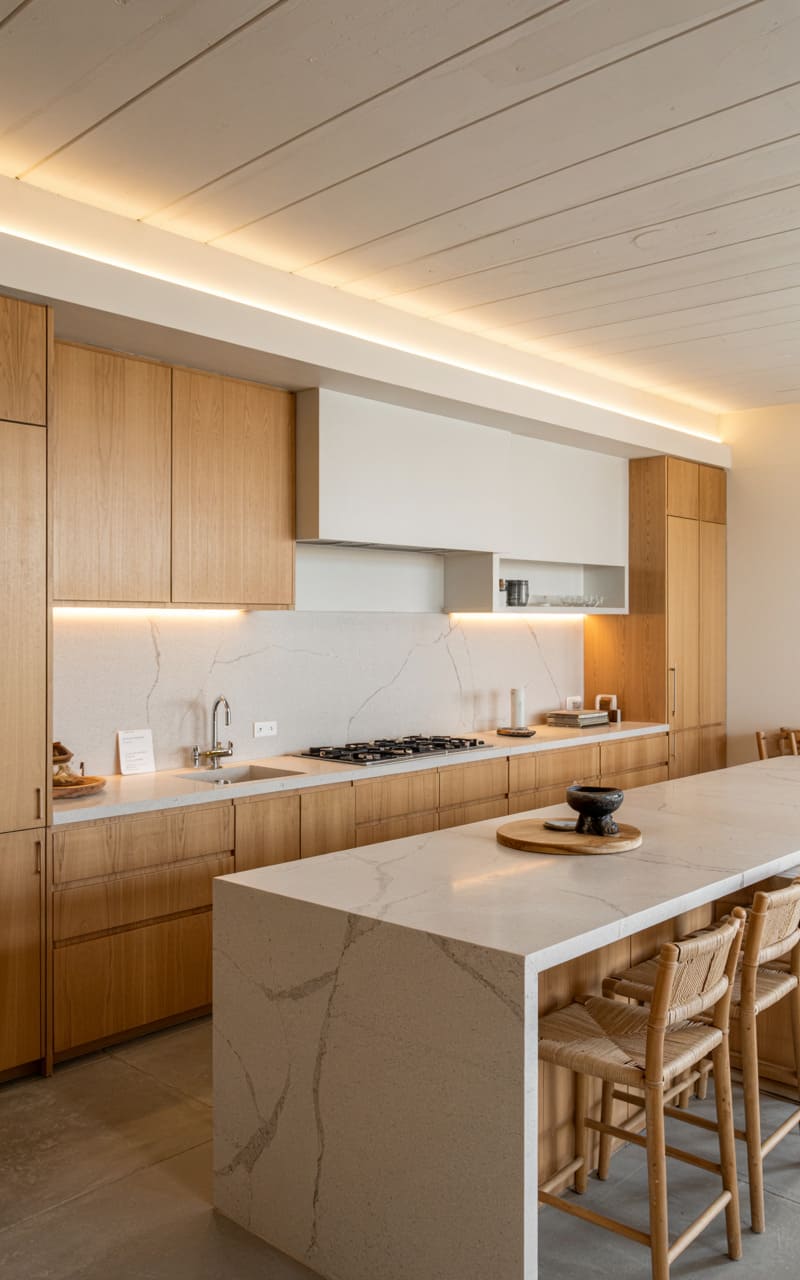 Minimalist Scandinavian Kitchen with Paneled Wood Ceilings and Integrated Cabinetry