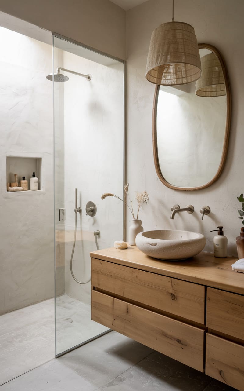 Scandinavian Bathroom with Floor-to-Ceiling Textured Plaster Walls