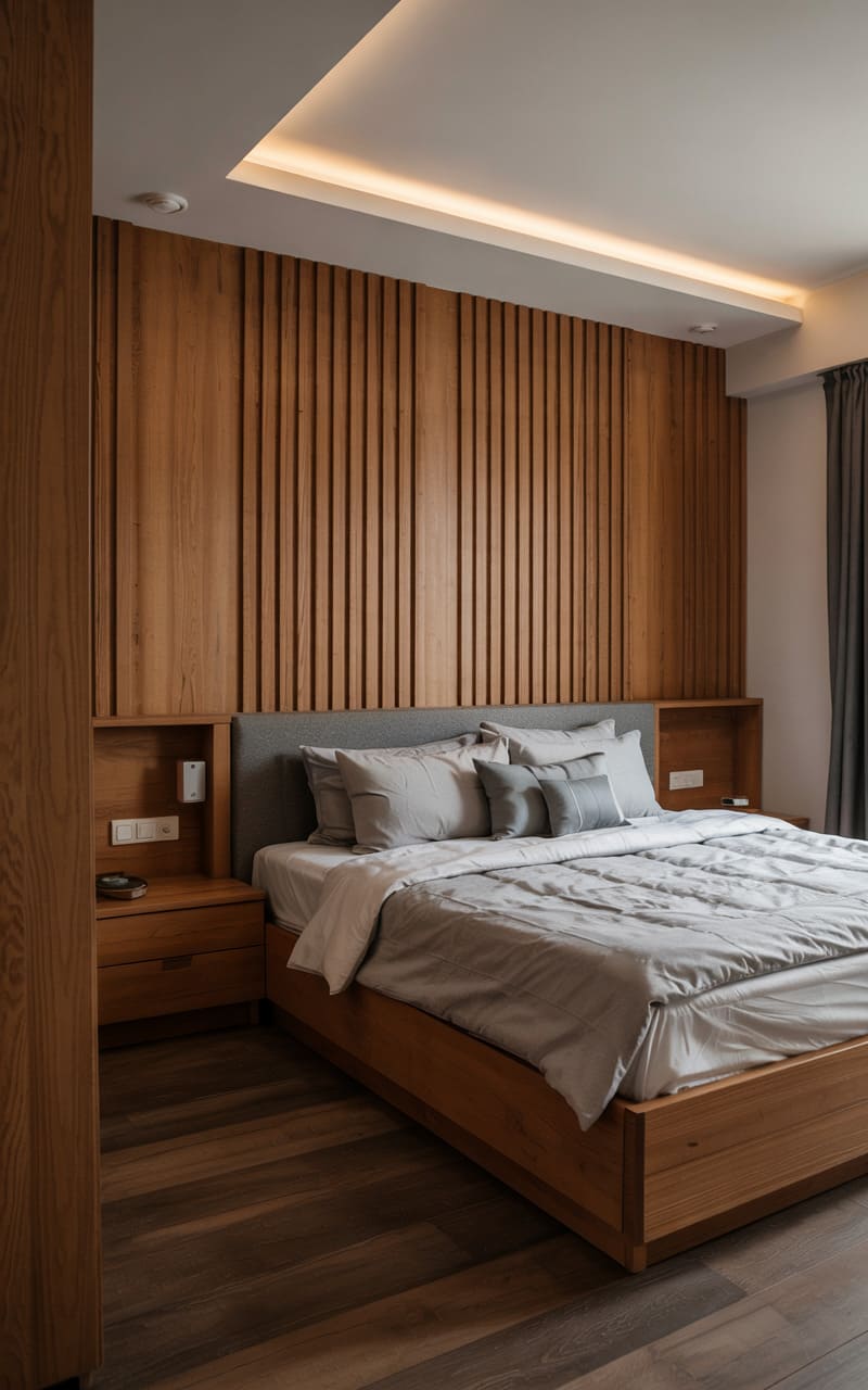 Scandinavian Bedroom with Slatted Wood Wall and Built-in Storage