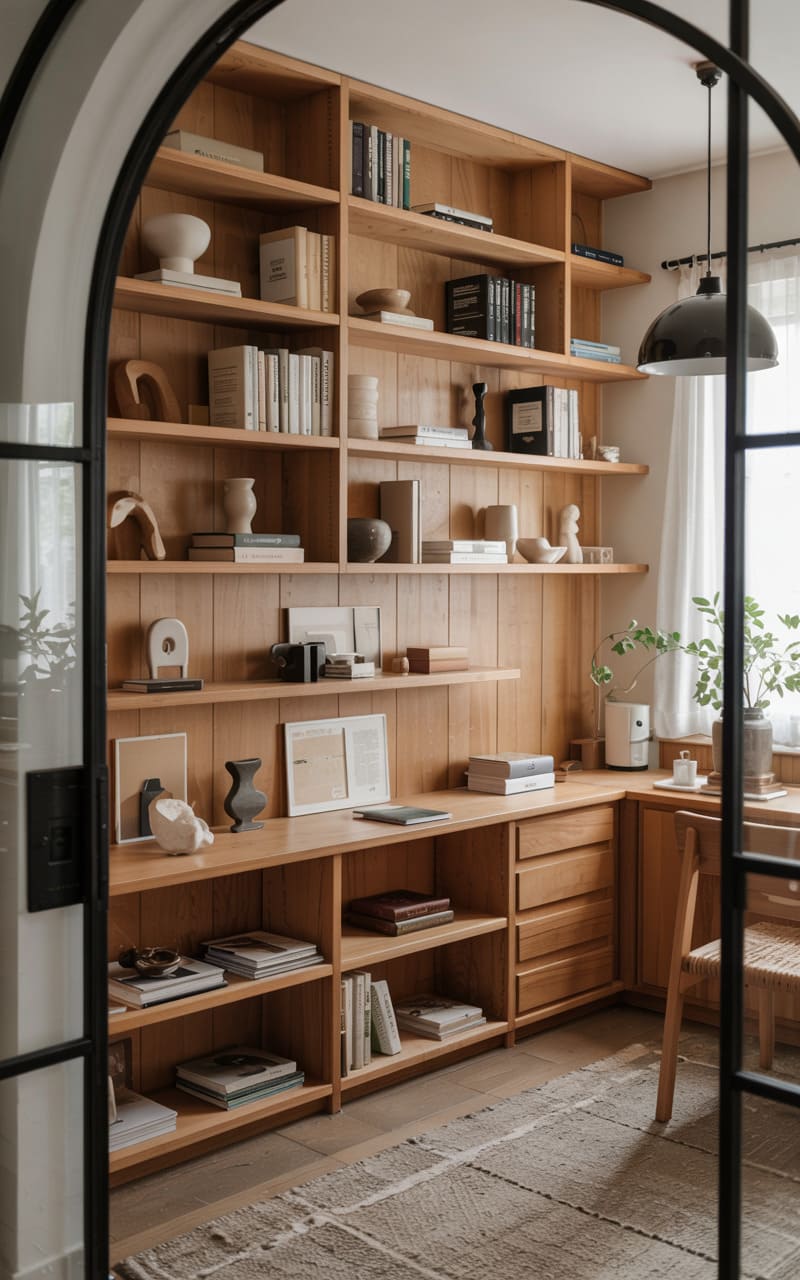 Scandinavian Home Office with Floor-to-Ceiling Bookshelves and Light Wood Paneling