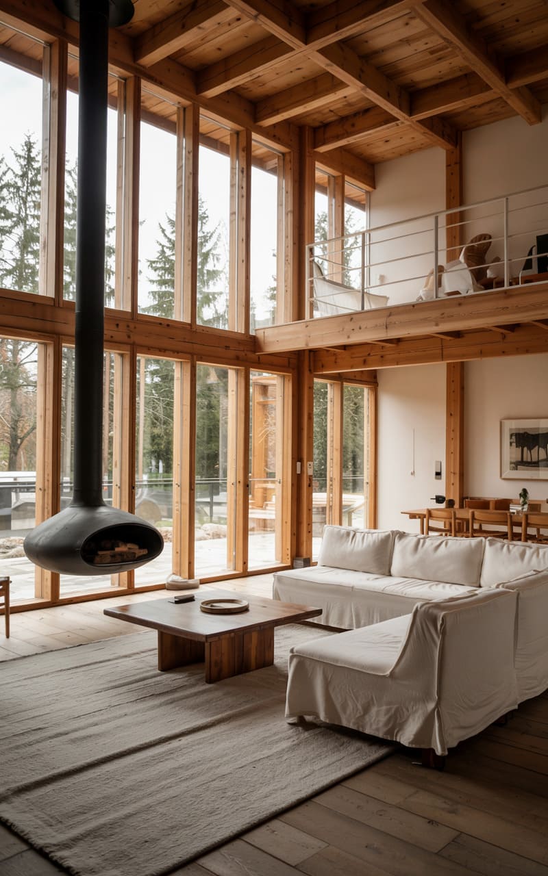 Scandinavian Living Room with Double-Height Windows and Vertical Wooden Slats
