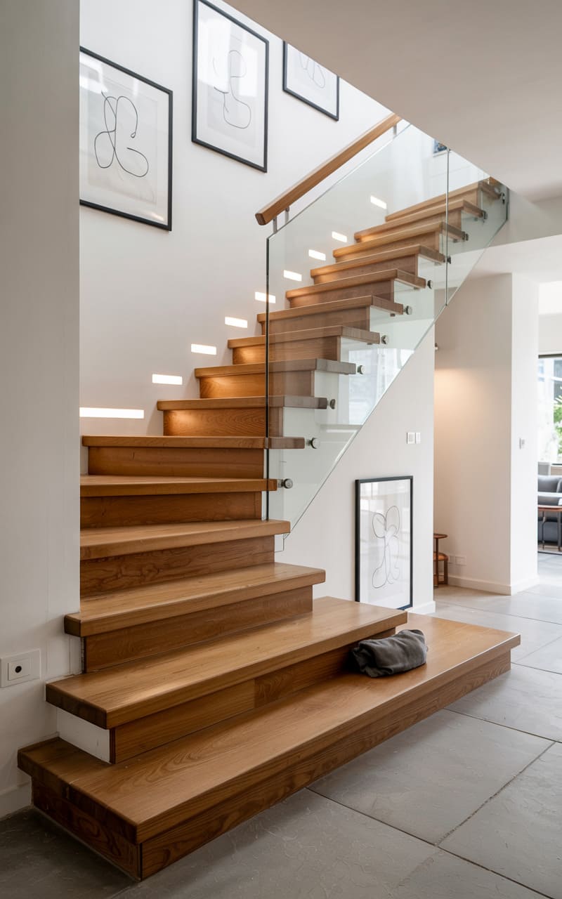 Scandinavian Staircase with Floating Wood Treads and Glass Railings