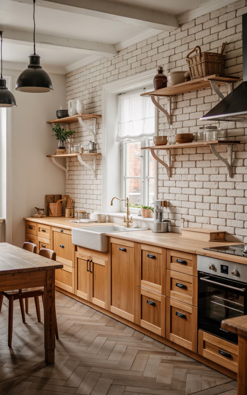 Scandinavian Kitchen with Brick Accent Wall and Herringbone Wood Floors