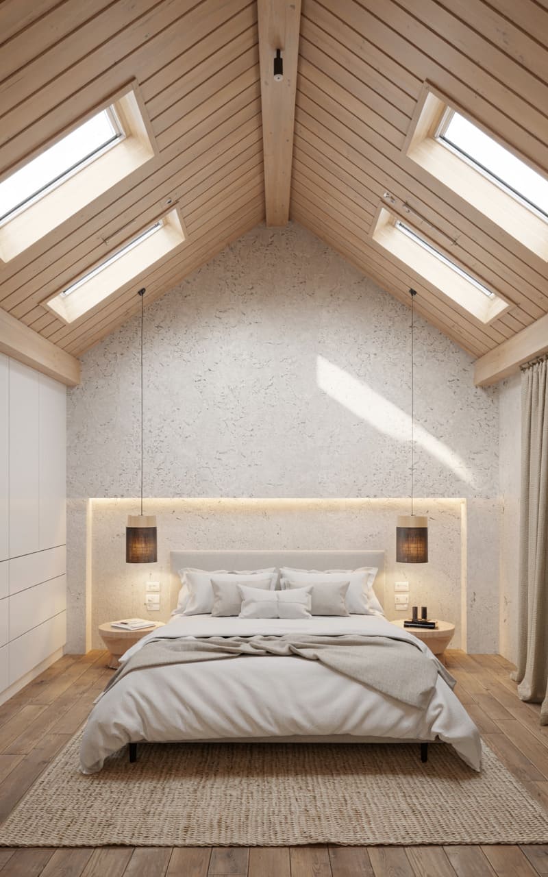 Scandinavian Bedroom with Vaulted Wooden Ceiling and Skylights