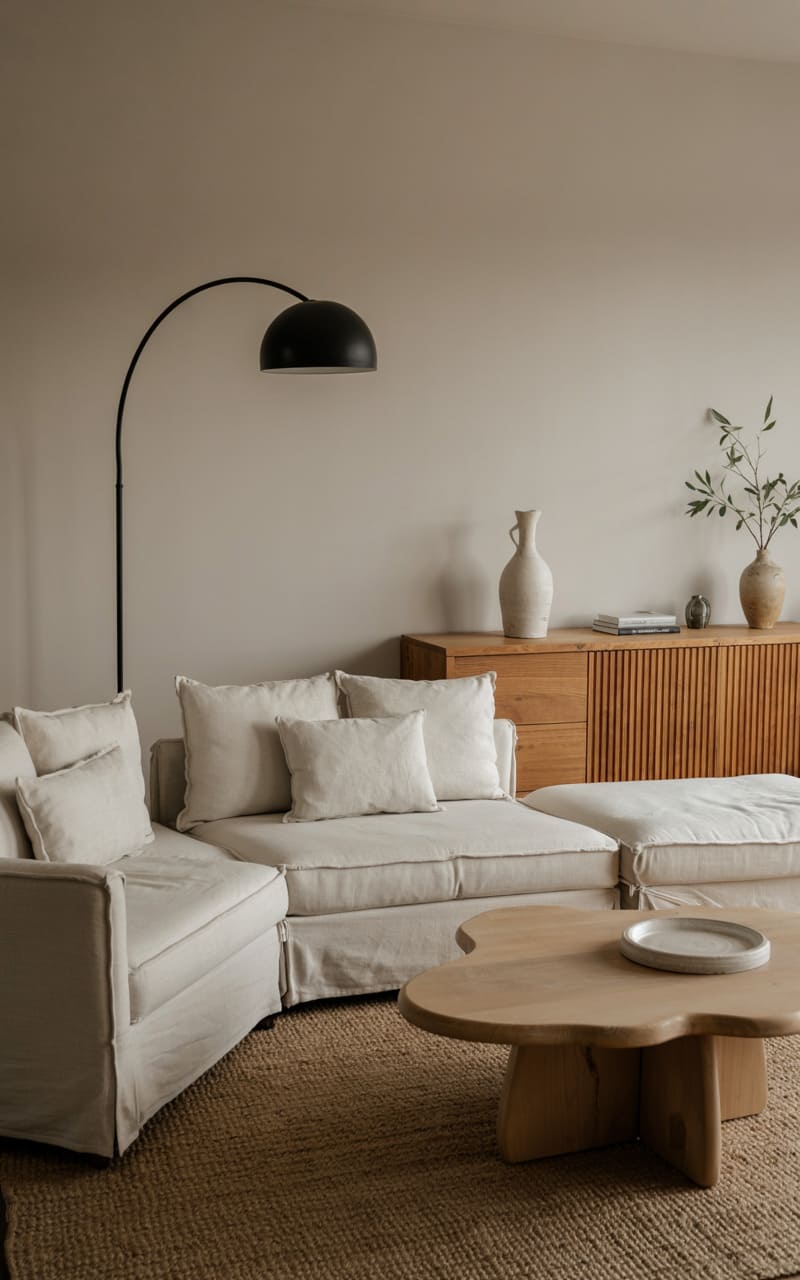 Scandinavian Living Room with a Low-Profile Modular Sofa and Organic-Shaped Coffee Table