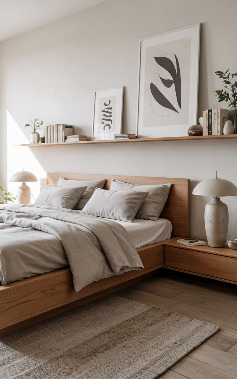 Scandinavian Bedroom with a Floating Wooden Bed Frame and Built-In Nightstands
