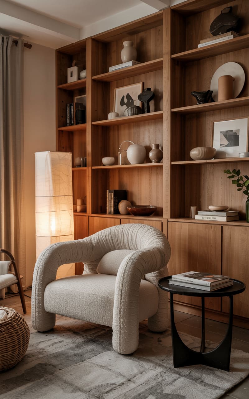 Scandinavian Lounge Area with a Curved Bouclé Armchair and Minimalist Wooden Bookshelves