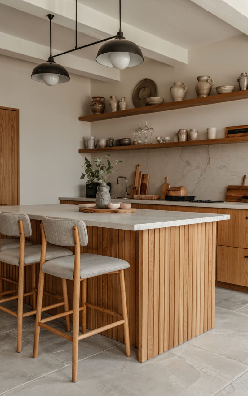 Scandinavian Kitchen with a Slatted Wood Island and Upholstered Bar Stools