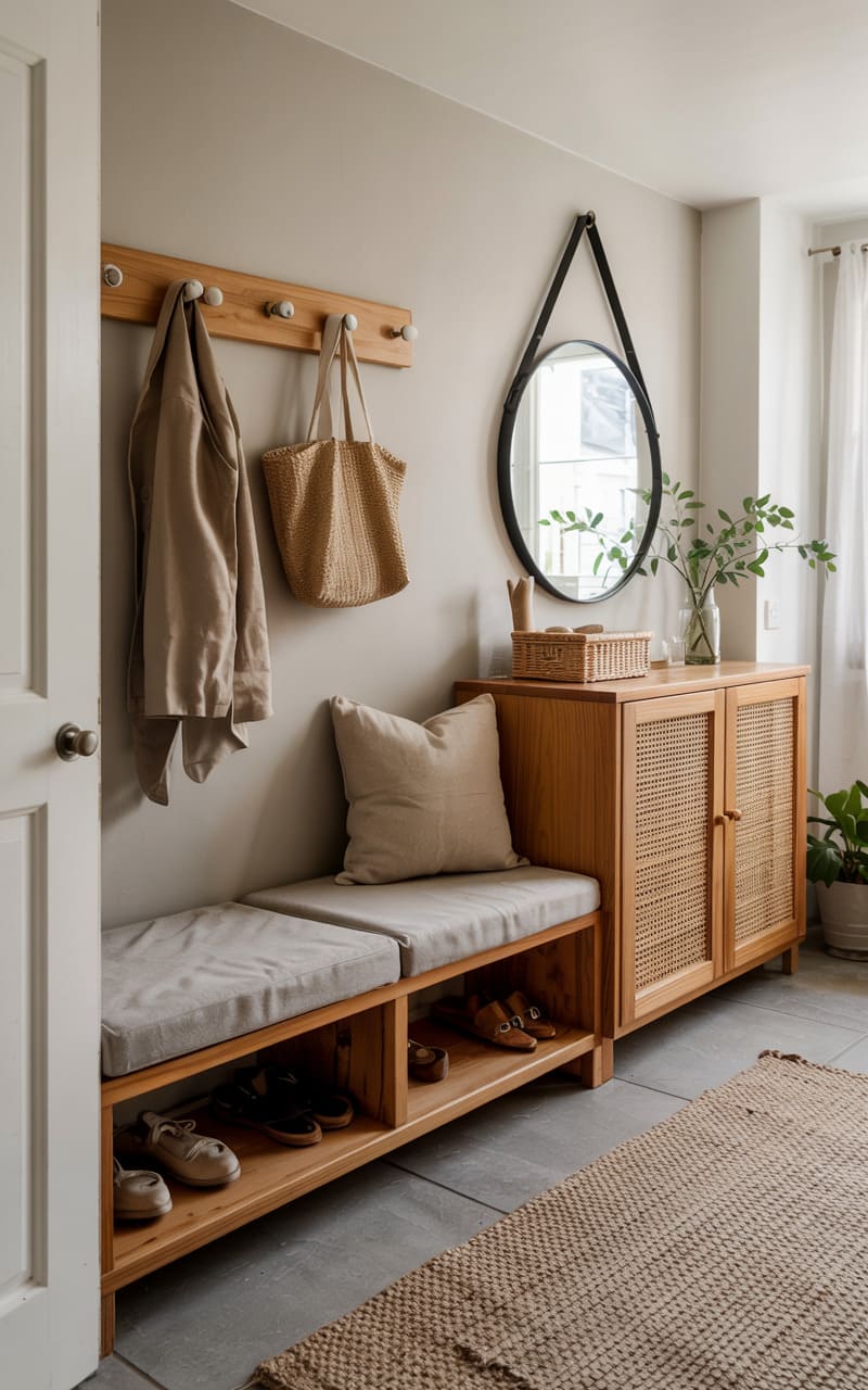 Scandinavian Entryway with a Built-In Bench and Cane-Front Cabinet