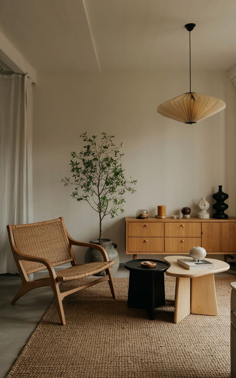 Scandinavian Living Room with a Classic Lounge Chair and Nesting Coffee Tables