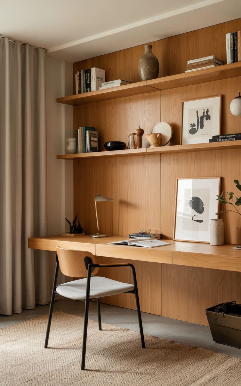 Scandinavian Home Office with a Floating Desk and Cantilevered Shelves