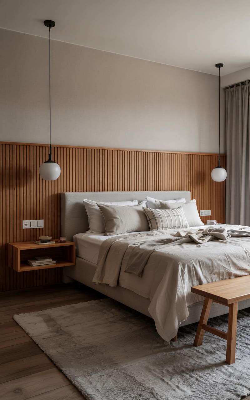 Scandinavian Bedroom with a Ribbed Wood Headboard and Floating Side Tables