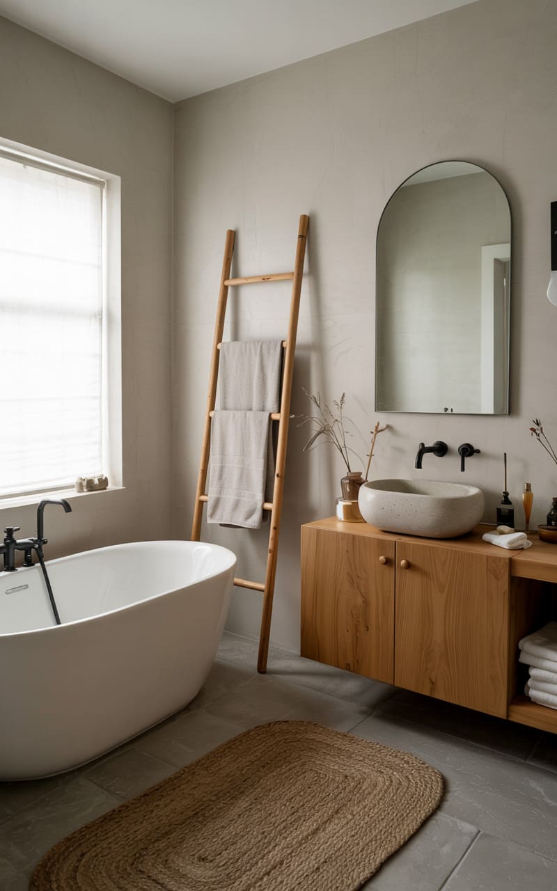 Scandinavian Bathroom with a Freestanding Tub and Ladder Towel Rack