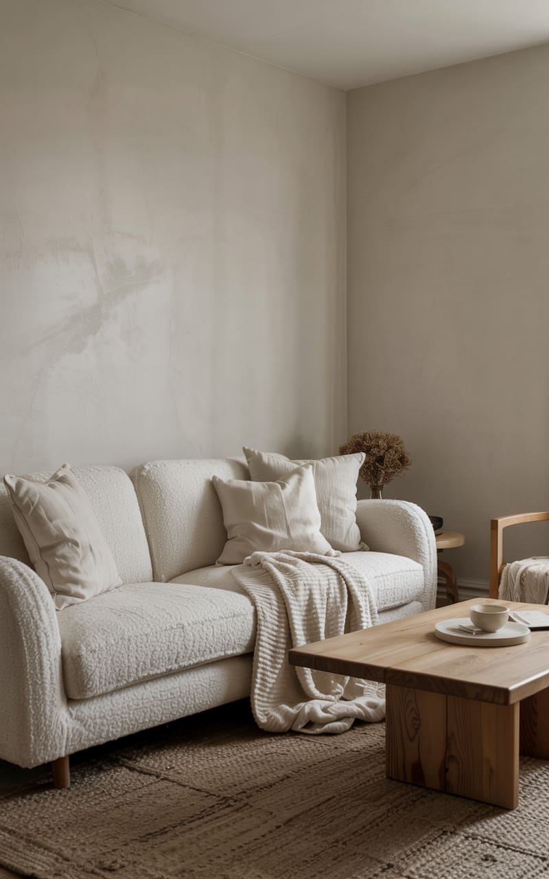 Scandinavian Living Room with a Textured Bouclé Sofa and Woven Wool Rug