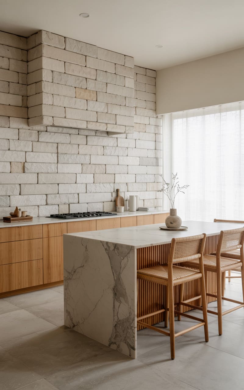 Scandinavian Kitchen with a Textured Stone Backsplash and Fluted Wood Cabinetry