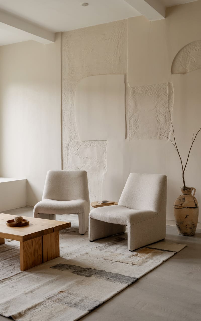 Scandinavian Living Room with a Plaster Accent Wall and Felt Upholstered Chairs