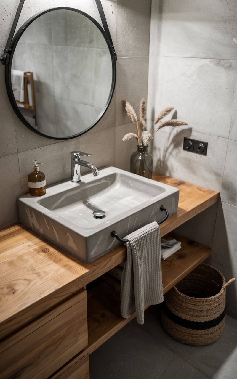 Scandinavian Bathroom with a Hand-Troweled Concrete Sink and Brushed Metal Fixtures