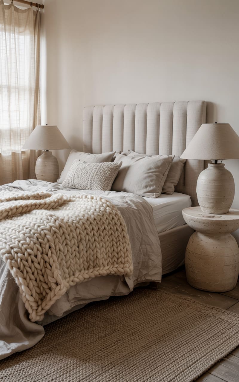 Scandinavian Bedroom with a Knitted Wool Blanket and Ribbed Ceramic Lamps