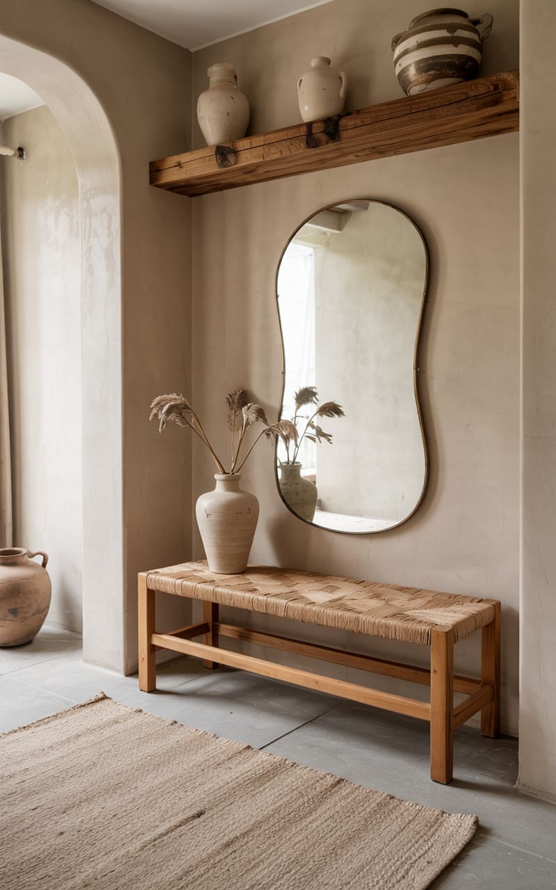 Scandinavian Entryway with a Woven Jute Bench and Textured Clay Walls