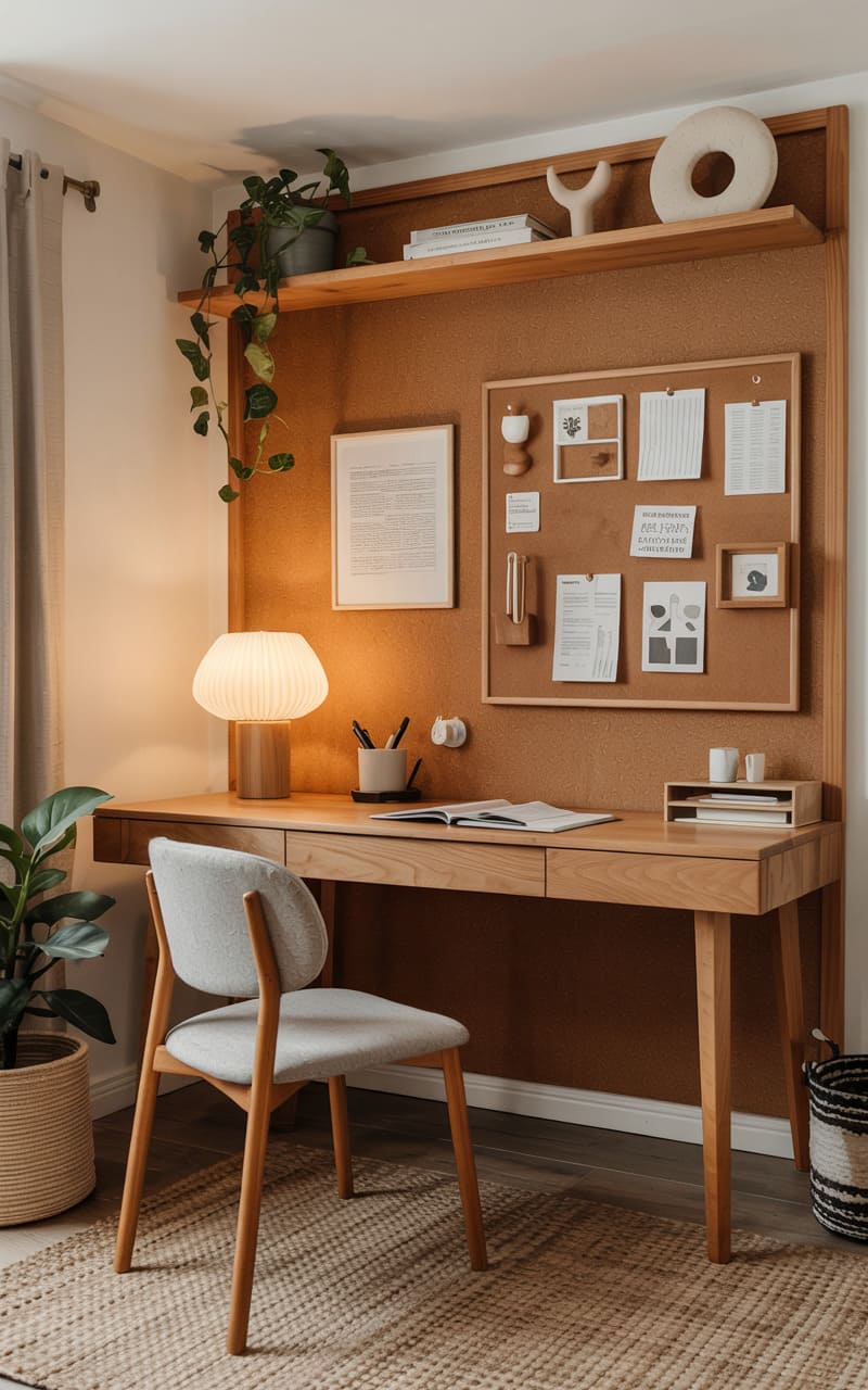 Scandinavian Home Office with a Cork Pinboard Wall and Soft Felt Desk Accessories
