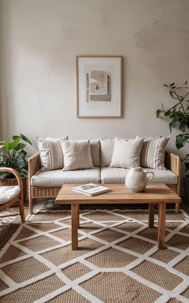 Living Room with Geometric Patterned Wool Rug and Striped Linen Cushions