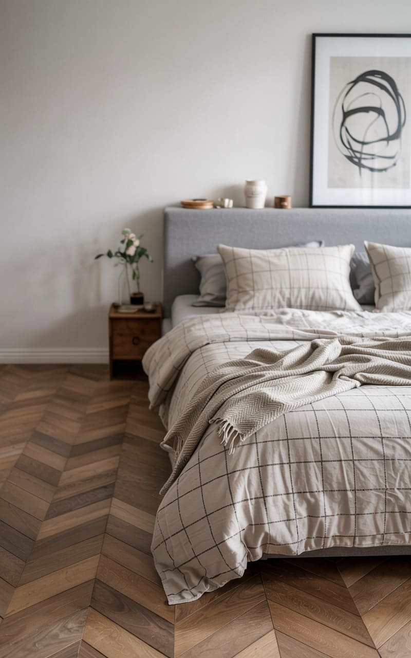 Bedroom with a Herringbone Wood Floor and Minimalist Grid-Patterned Bedding